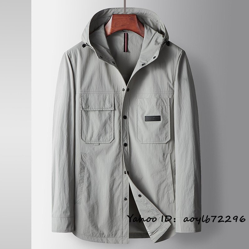 最高級◆コート メンズ チェスターコート 新品 フード付き スプリングジャケット 薄手 高機能素材 マウンテンパーカ ビジネス グレー 2XL