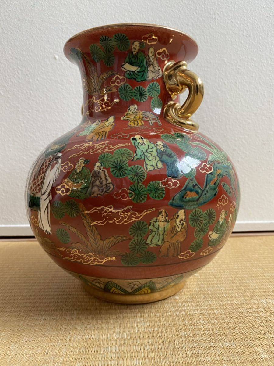 九谷焼 木米造 色絵金彩 象鯉賢人図花瓶 約25cm 赤絵 壺 花瓶 花入 花生 花器 花入 花生 置物 飾り物 壺 壷 骨董 中国 縁起物 茶器 陶器_画像2