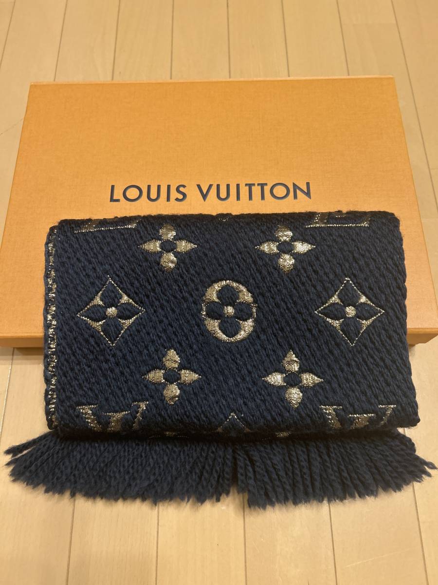 ルイヴィトン LOUIS VUITTON モノグラム エシャルプ・ロゴマニア シャイン マフラー ウール シルク ブルーペトロール 美品_画像2