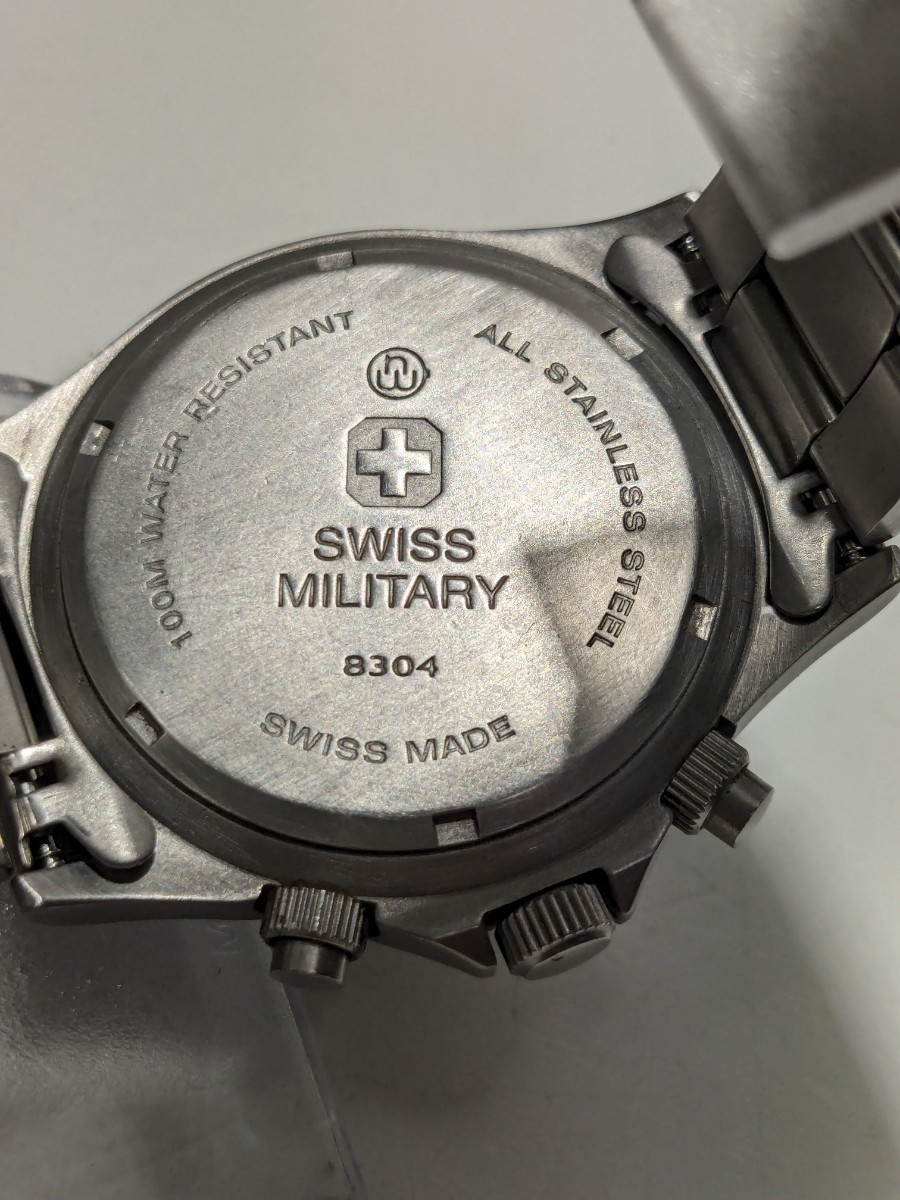 【A744】 SWISS MILITARY スイスミリタリー メンズウォッチ 腕時計 クォーツ クロノグラフ 8304 SS ネイビー シルバー_画像6