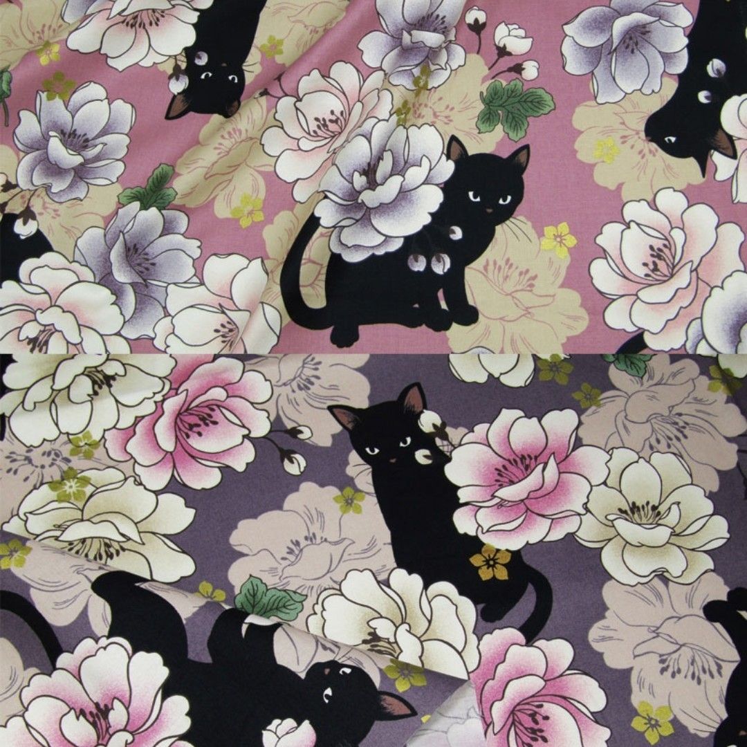 QuiltGate キルトゲイト 百華繚蘭 黒猫と牡丹　シーチング(55cm×50cm）×6色 ネコ 動物 花 生地 コットン 