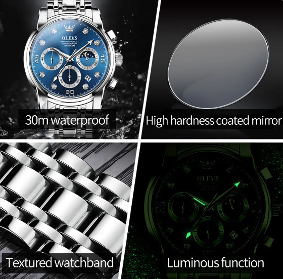 Olevs メンズ クラシック クォーツ時計 多機能 クロノグラフ 防水 男性 腕時計 ステンレス鋼 ビジネス_画像2