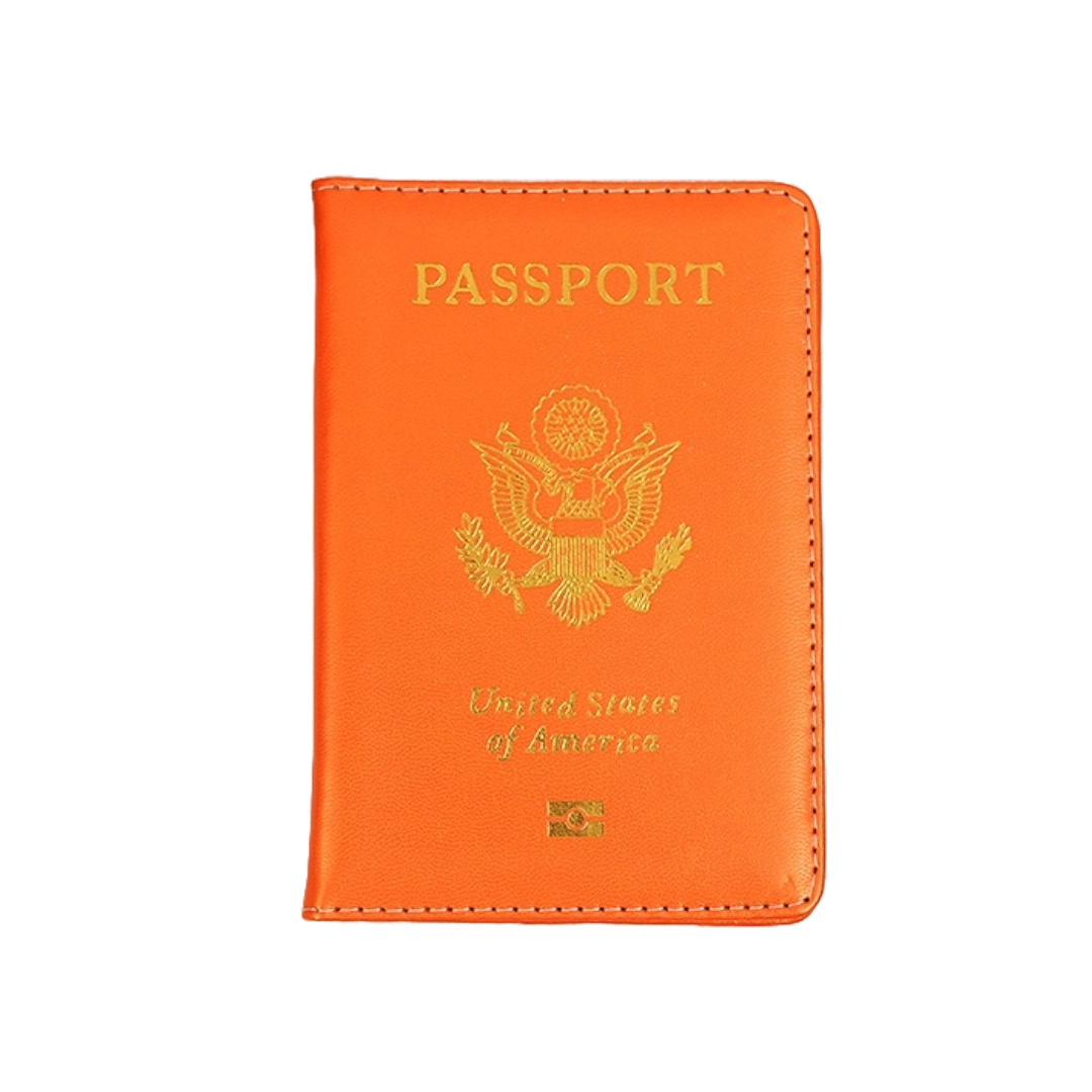 オレンジ色 アメリカ風パスポートカバー - 日本からアメリカへの旅を楽しもう！ パスポートケース パスポートカバーの画像1