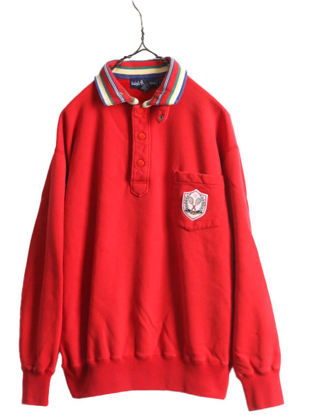 90s Polo Ralph Lauren застежка с планкой тренировочный мужской L 90 годы POLO Old обратная сторона ворсистый футболка воротник имеется с карманом нашивка красный 