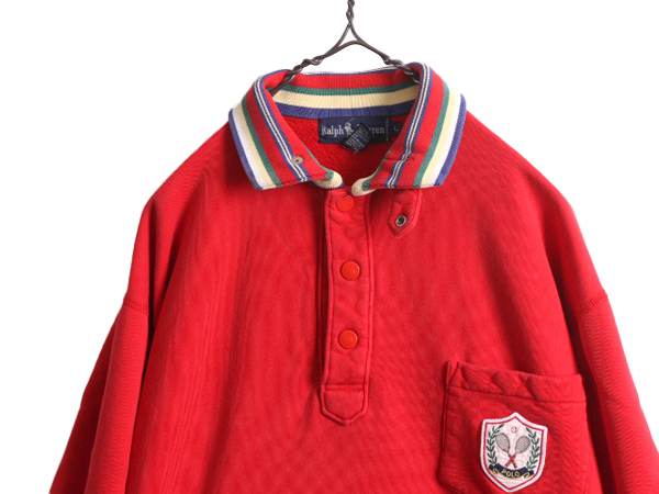 90s Polo Ralph Lauren застежка с планкой тренировочный мужской L 90 годы POLO Old обратная сторона ворсистый футболка воротник имеется с карманом нашивка красный 