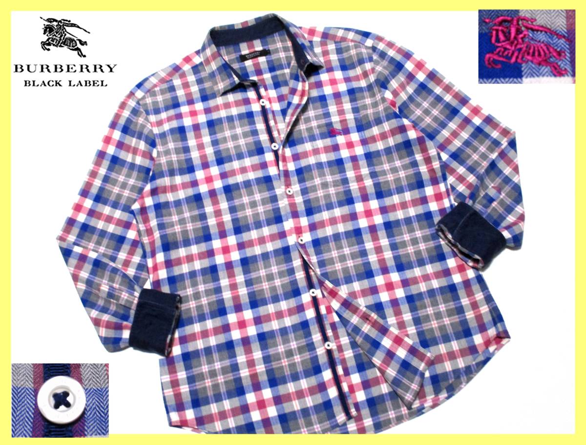 美品 バーバリーブラックレーベル パープルホース刺繍 マルチノバチェック総柄 前立てラインデザイン フランネルシャツ サイズ M(2)