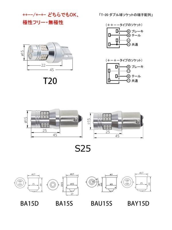 LED T20 レッド赤 28SMD 3020チップ シングル・ダブル・ピンチ部違い兼用 1200lm フォグランプ ブレーキ 2個 12V/24V「RS28-T20-RED.DX2」_画像8