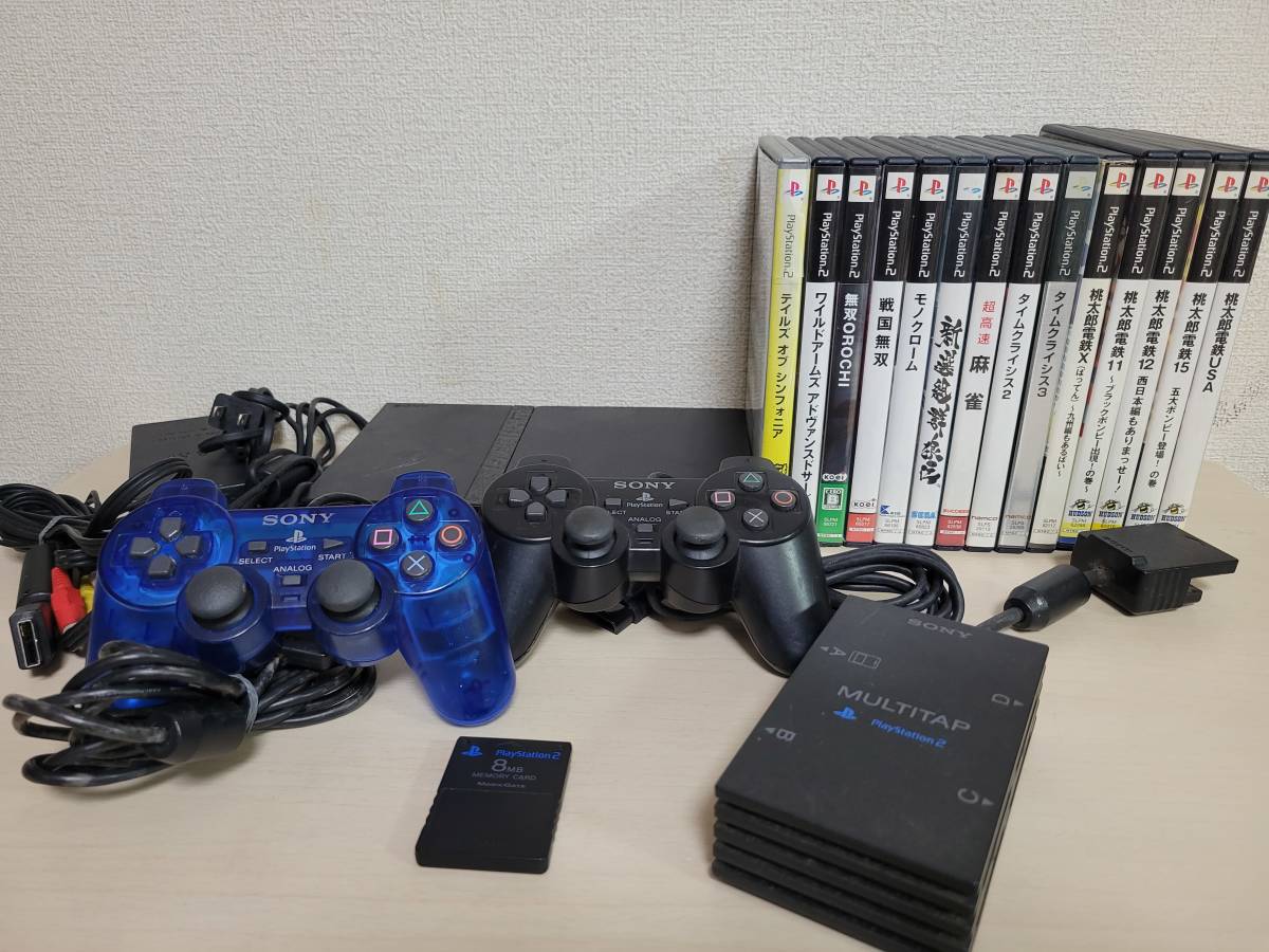 SONY PlayStation2 プレイステーション2 SCPH-75000 本体　黒　モノクローム　桃太郎電鉄　　他ソフト14本セット　ジャンク品_画像1