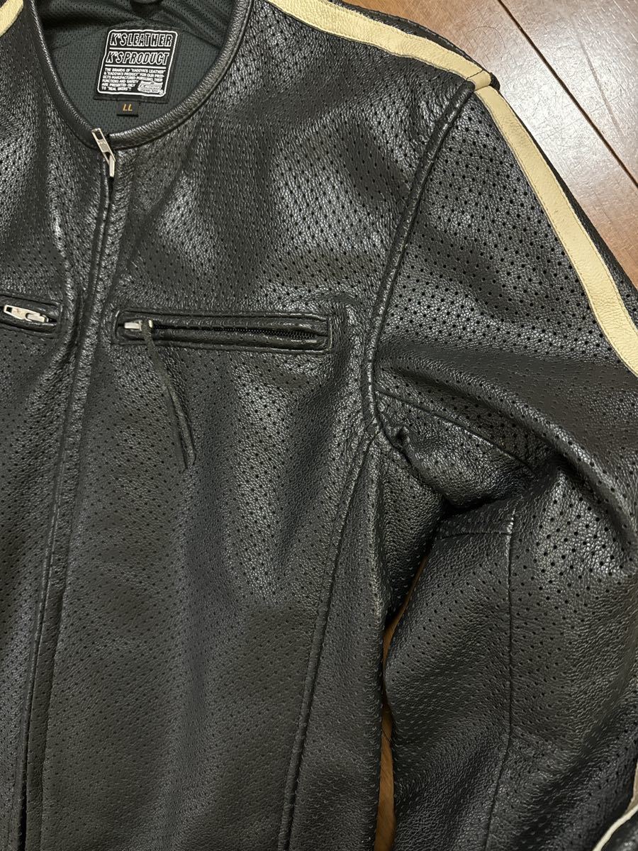 KADOYA K's Leather サイドライン パンチング レザージャケット シングルライダースジャケット LLサイズ ブラック メッシュ プロテクター_画像6