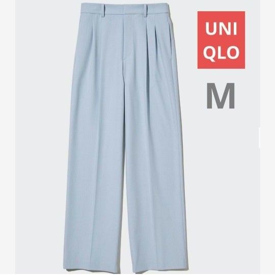 UNIQLO タックワイドパンツ ブルー 水色 M スラックス ストレッチ ユニクロ