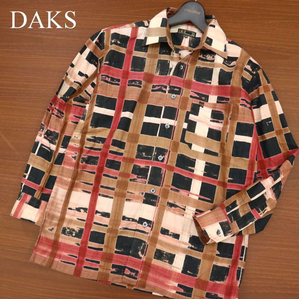 DAKS ダックス 通年 長袖 ロゴ刺繍★ チェック柄 総柄 シャツ Sz.M　メンズ 日本製　C4T00120_1#C_画像1