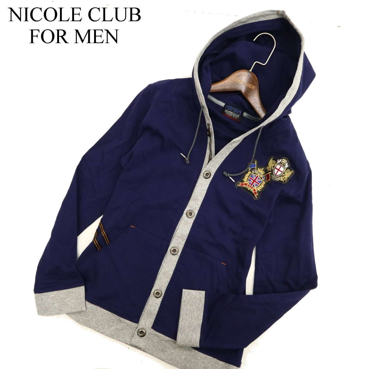 NICOLE CLUB FOR MEN ニコルクラブ フォーメン ワッペン★ 切替 フーディー パーカー カーディガン Sz.46　メンズ ネイビー　C4T00139_1#F_画像1