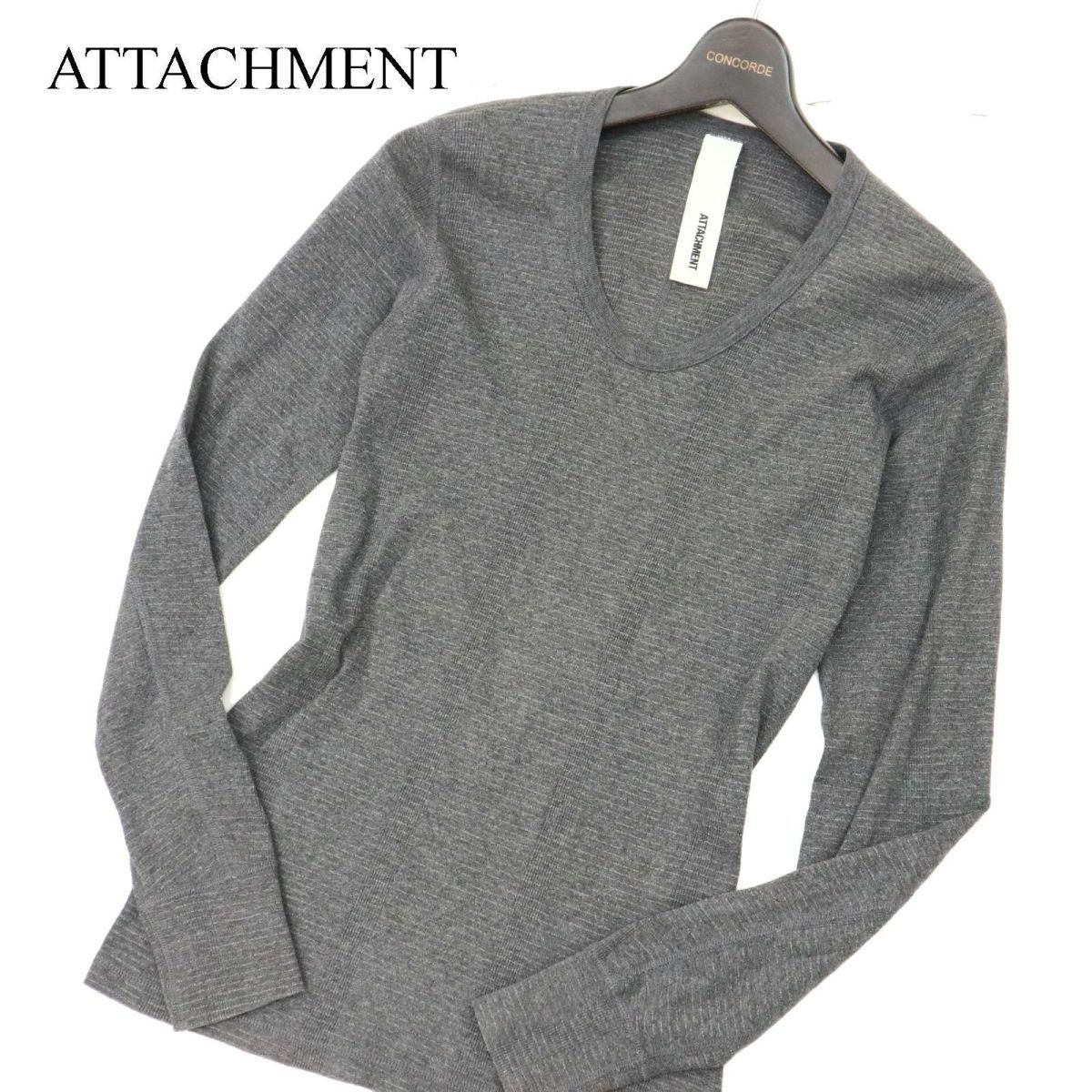 ATTACHMENT アタッチメント 通年 ストレッチ ボーダー★ 長袖 Uネック カットソー ロンTシャツ Sz.2　メンズ グレー 日本製　C4T00276_1#F_画像1