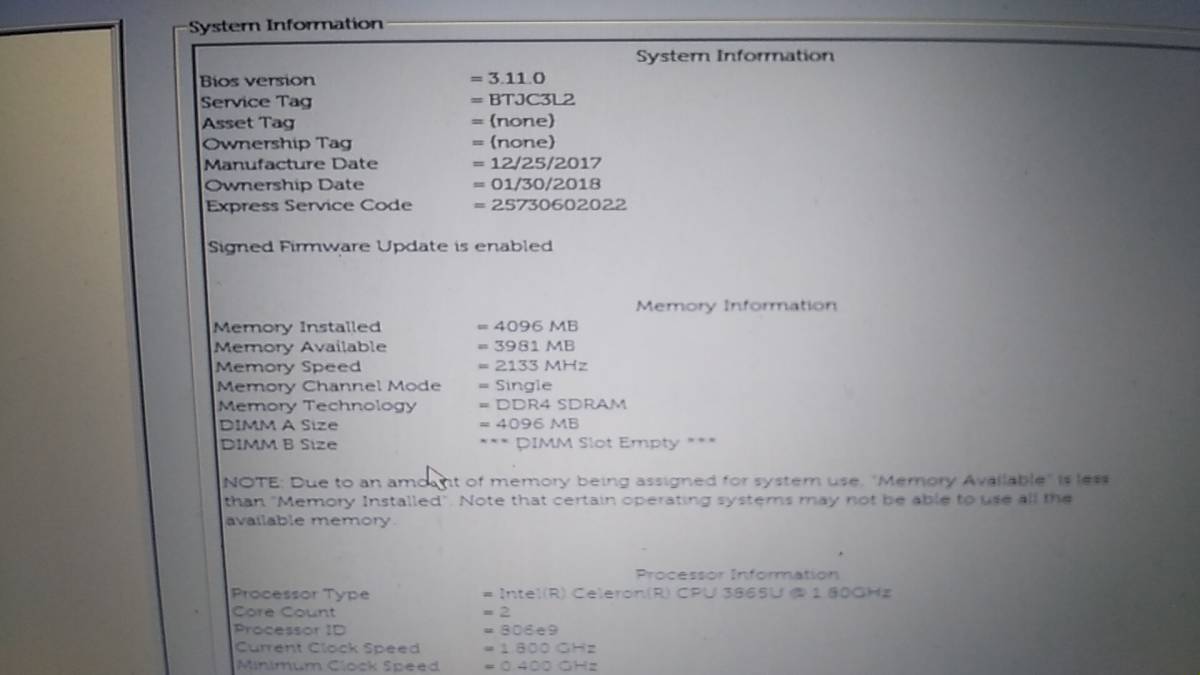 ジャンク　Vostro15-3568 (Celeron 3865U, MEM4GB, HDD無し)　BIOS起動確認　電源ケーブル　バッテリー付属_画像2