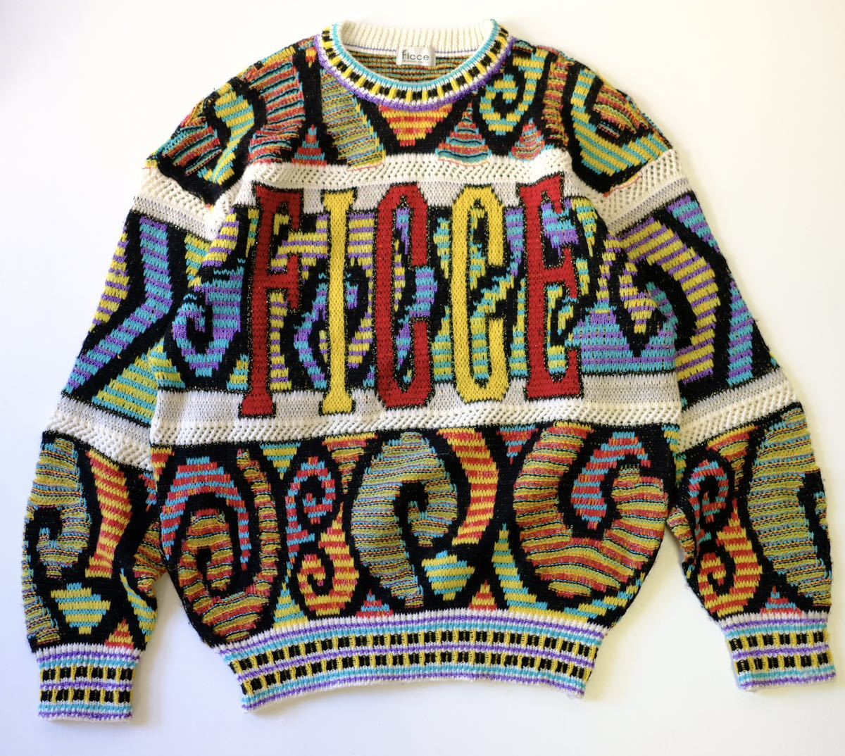 【FICCE】1980〜90s フィッチェ　総柄　ロゴデザイン　ニットセーター　ビートたけし着　古着屋　ビンテージ　ドン小西　アート