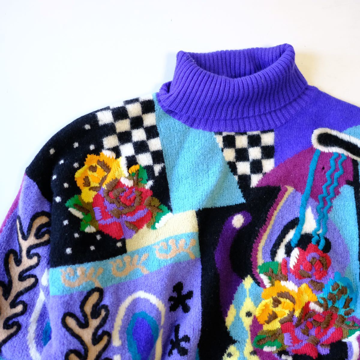 80s ficce クレイジーパターンニット でかロゴ刺繍 キナリ×黒 XL 80s ficce クレイジーパターンニット でかロゴ刺繍 キナリ×黒 XL