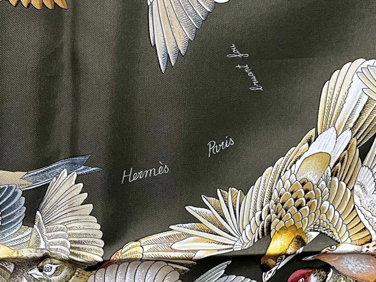 HERMES エルメス シルクスカーフ 鳥柄 バード カレ90 L'intrus侵入者 グリーン　箱付き　スカーフ シルク_画像2