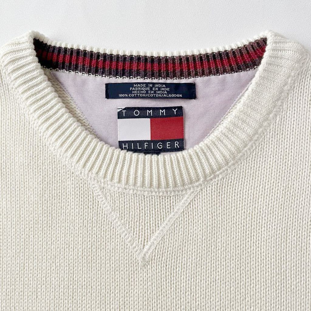 (美品) トミーヒルフィガー TOMMY HILFIGER クルーネック ニット セーター XL オフ ホワイト 白 コットンセーター _画像7