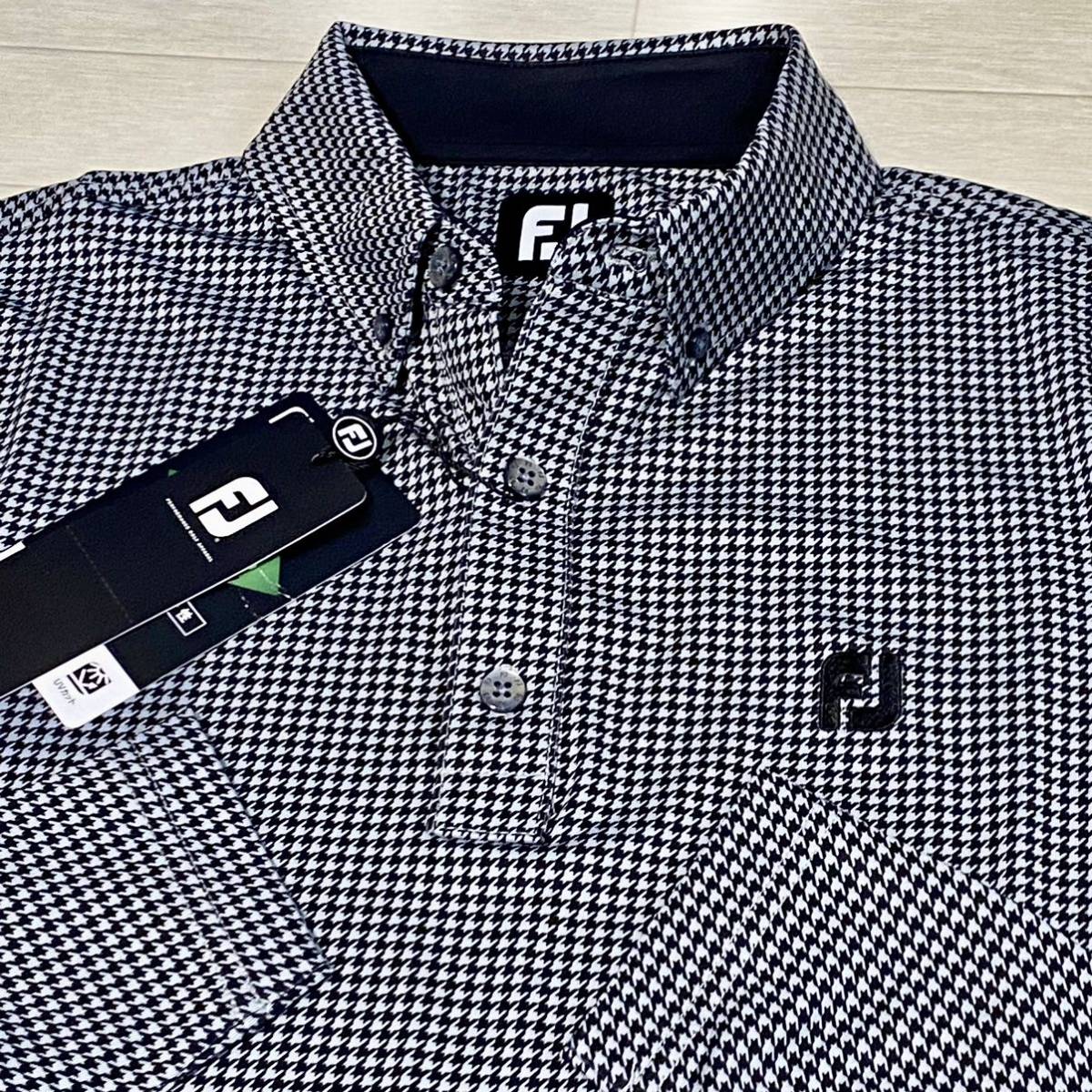 新品★FootJoy フットジョイ 千鳥柄 吸汗速乾 4Wayストレッチ 長袖ボタンダウンシャツ★ブラック×グレー★サイズ2XL★送料185円_画像1