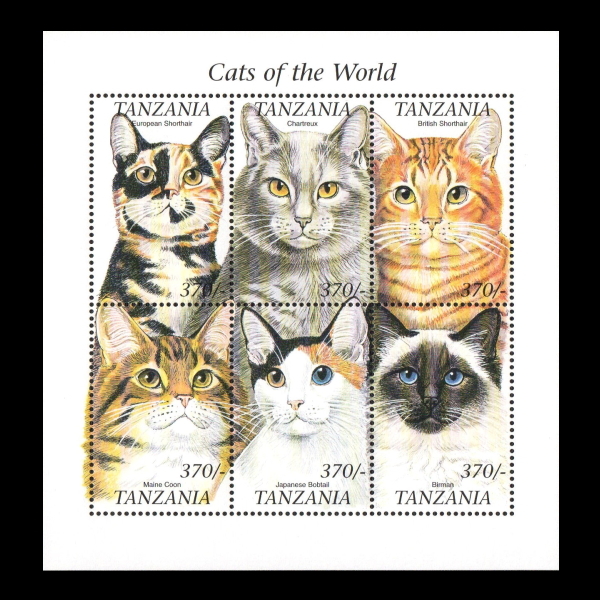 ■タンザニア切手　猫 / ネコ　6種シート_画像1
