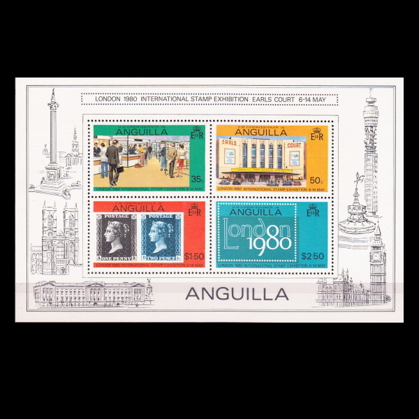 ■アンギラ切手　1980年　ロンドン国際切手展　4種シート_画像1