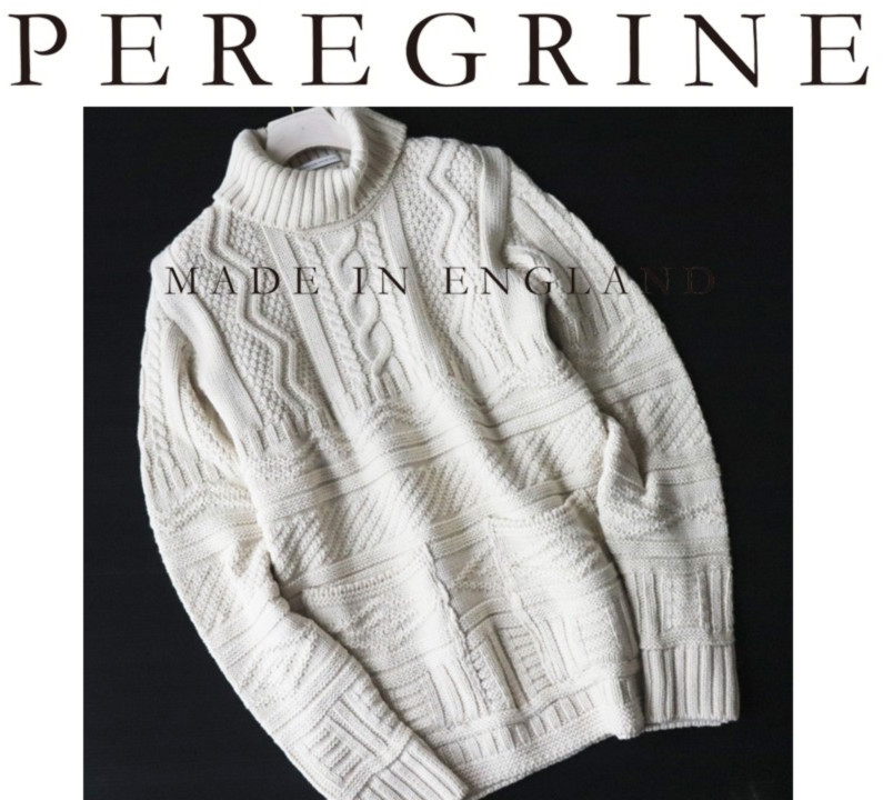 新品タグ付き【PEREGRINE ペレグリン】英国製 wool100% 上品ケーブル編み フロントWポケット タートルネックセーター M v1700