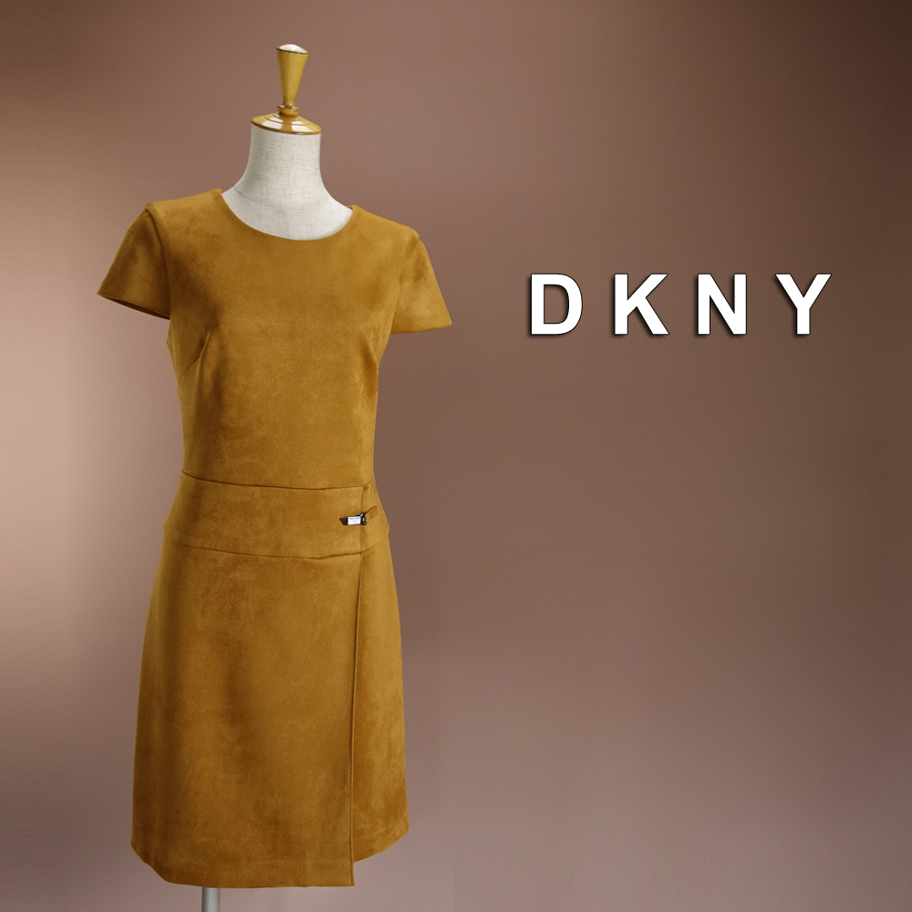新品 DKNY 12/17号 ダナキャラン 茶色 キャメル スエード調 ワンピース パーティドレス 半袖 大きいサイズ 結婚式 二次会 発表会 凛60F1108