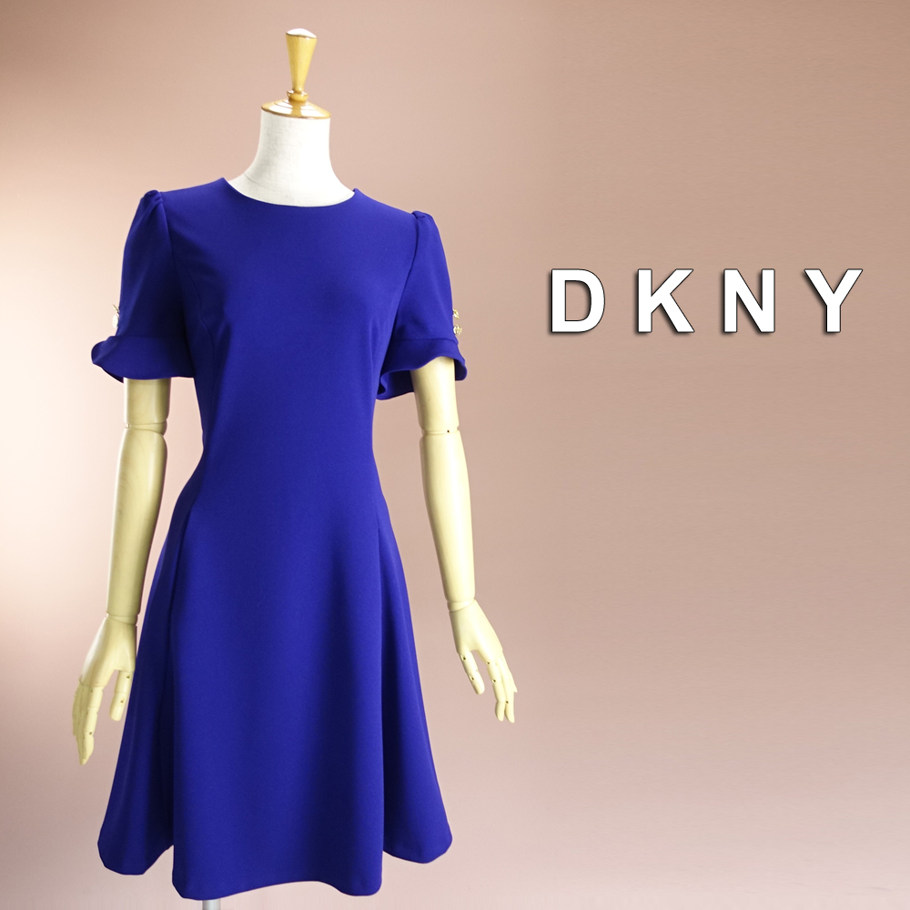 新品 DKNY 4/9号 ダナキャラン 紺 Aライン ワンピース パーティドレス 半袖 結婚式 二次会 フォーマル お呼ばれ 発表会 演奏会 華42F1111