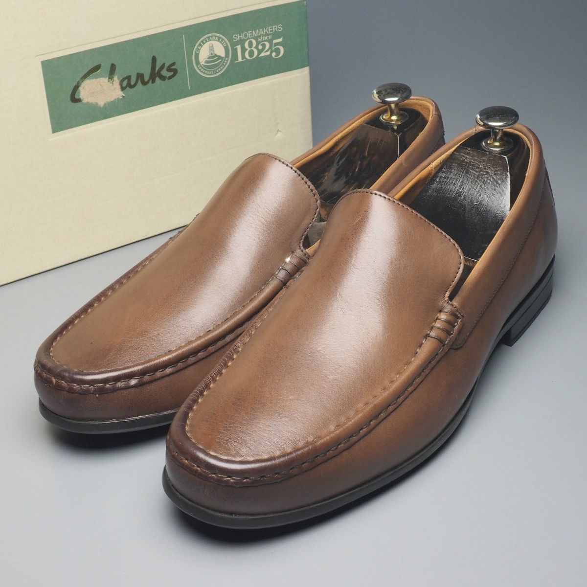 MF7924//試着程度*クラークス/Clarks*クロードプレイン/メンズ9G/Uチップ/モカシンローファー/レザースリッポン/革靴/茶/ブラウン_画像1