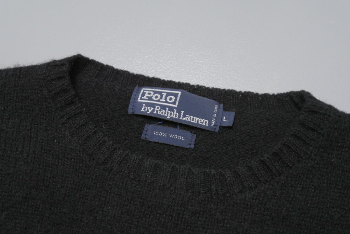 TG7930//90sヴィンテージ*ポロラルフローレン/Polo by Ralph Lauren*メンズL/ウールニットセーター/クルーネック/ソリッドセーター/黒_画像6