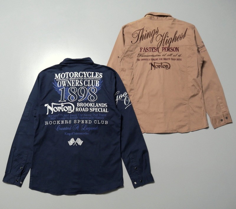 TG6826◇ノートン モーターサイクル/Norton Motorcycle バイカーシャツ 2枚セット メンズXL ストレッチコットン 刺繍 ブラウン/ネイビー系_画像2