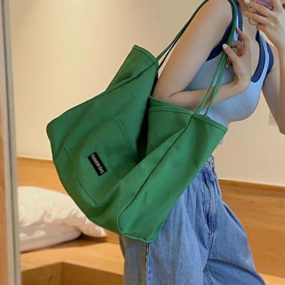 キャンバス バッグ グリーン 緑 韓国 シンプル 大きめ ユニ