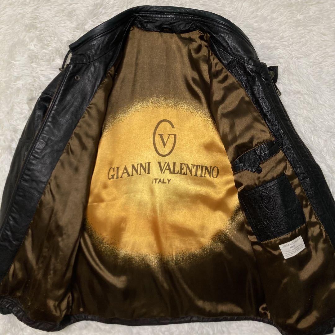 【超希少品】GIANNI VALENTINO ジャンニ バレンチノ レザージャケット ラムレザー 羊革 派手柄 プリント 羽織 メンズ サイズ52 ブラック 黒_画像4