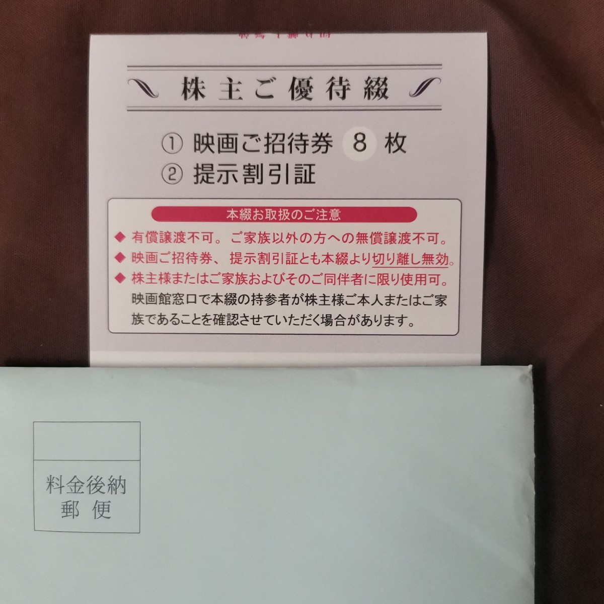 最新 東京テアトル 株主優待券 8枚 + 提示割引証 男性名義_画像1