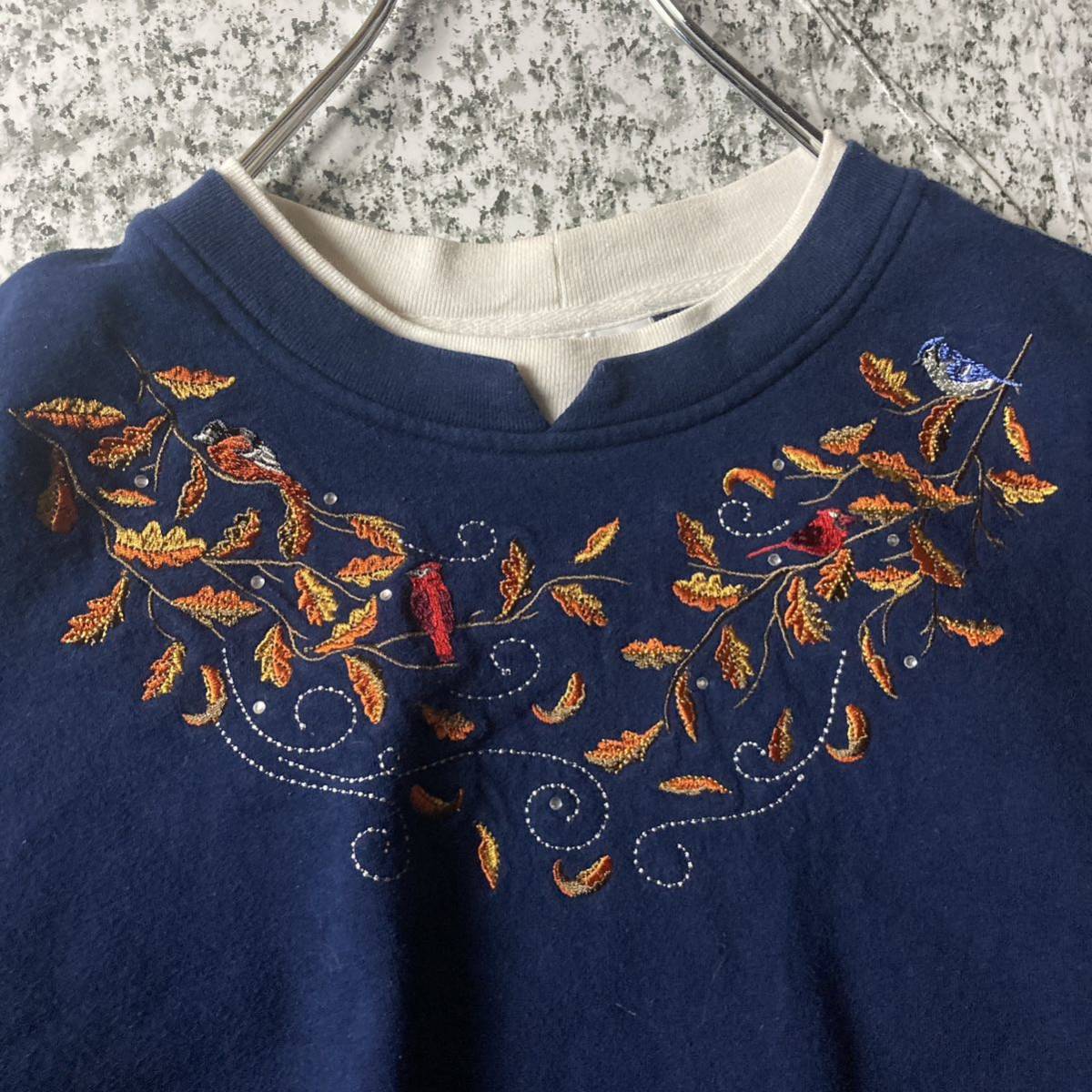 [gdo regular ]botanikaru small bird embroidery design lady's sweat navy S size old clothes panama ma Boy 