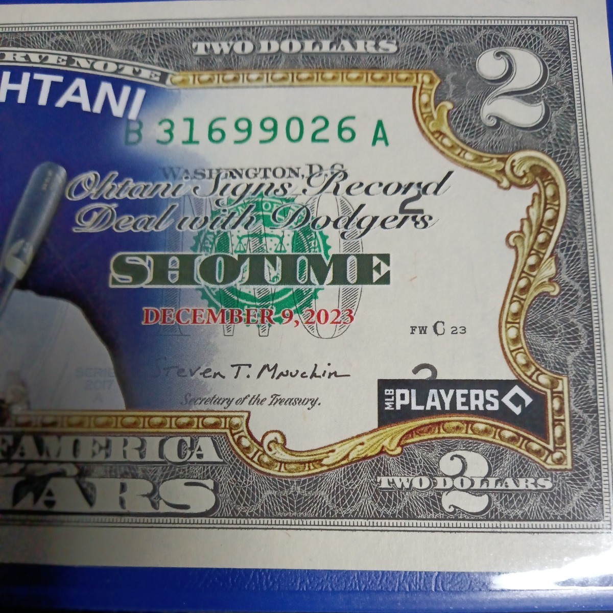 大谷翔平 ドジャース MLB公式商品 サイン アメリカ 限定2ドル紙幣 SHOHEI OHTANI Shotime LA DODGERS USA 証明書&ホルダー付_画像3