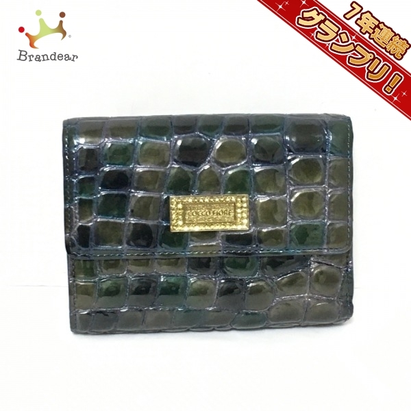コッコフィオーレ COCCO FIORE Wホック財布 - エナメル（レザー） カーキ×マルチ 型押し加工 美品 財布