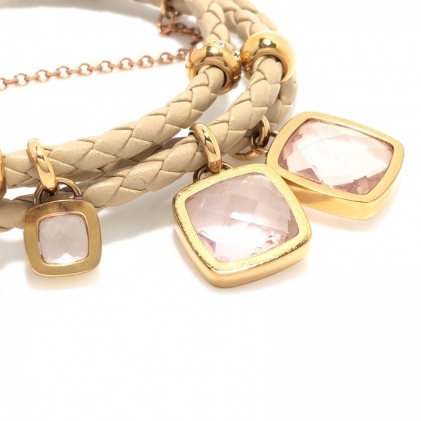  Folli Follie FolliFollie bracele - leather × metal material beige × Gold × pink color stone / knitting accessory ( arm )