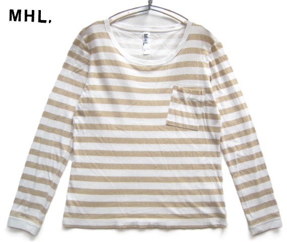 美品!!MARGARET HOWELL MHL. マーガレットハウエル*胸ポケット付き ボーダー柄カットソー・長袖Tシャツ 2 レディースM 白×ベージュ_画像1