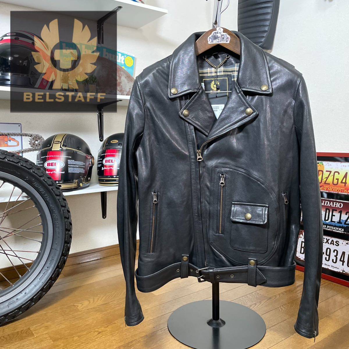 未使用☆BELSTAFF ベルスタッフ 「MUSTANG JACKET」羊革 ダブルライダース レザージャケット ブラック/48(L〜XL相当)イタリア製