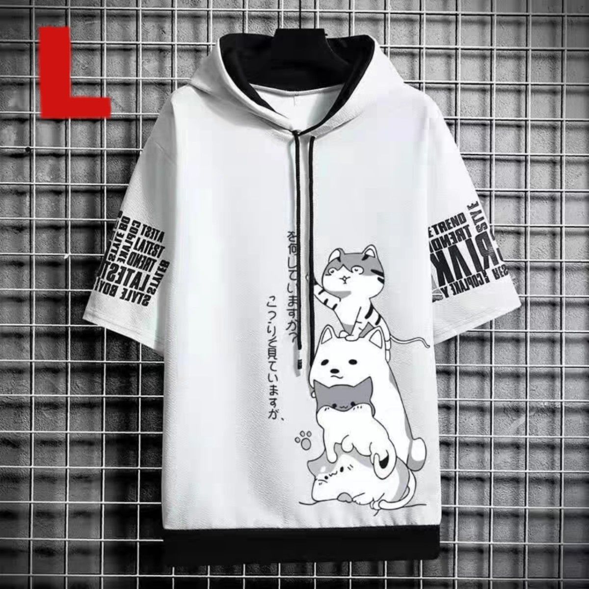 (F167)ボウタイ フード付き 半袖 アルファベット 犬柄 プリント Tシャツ