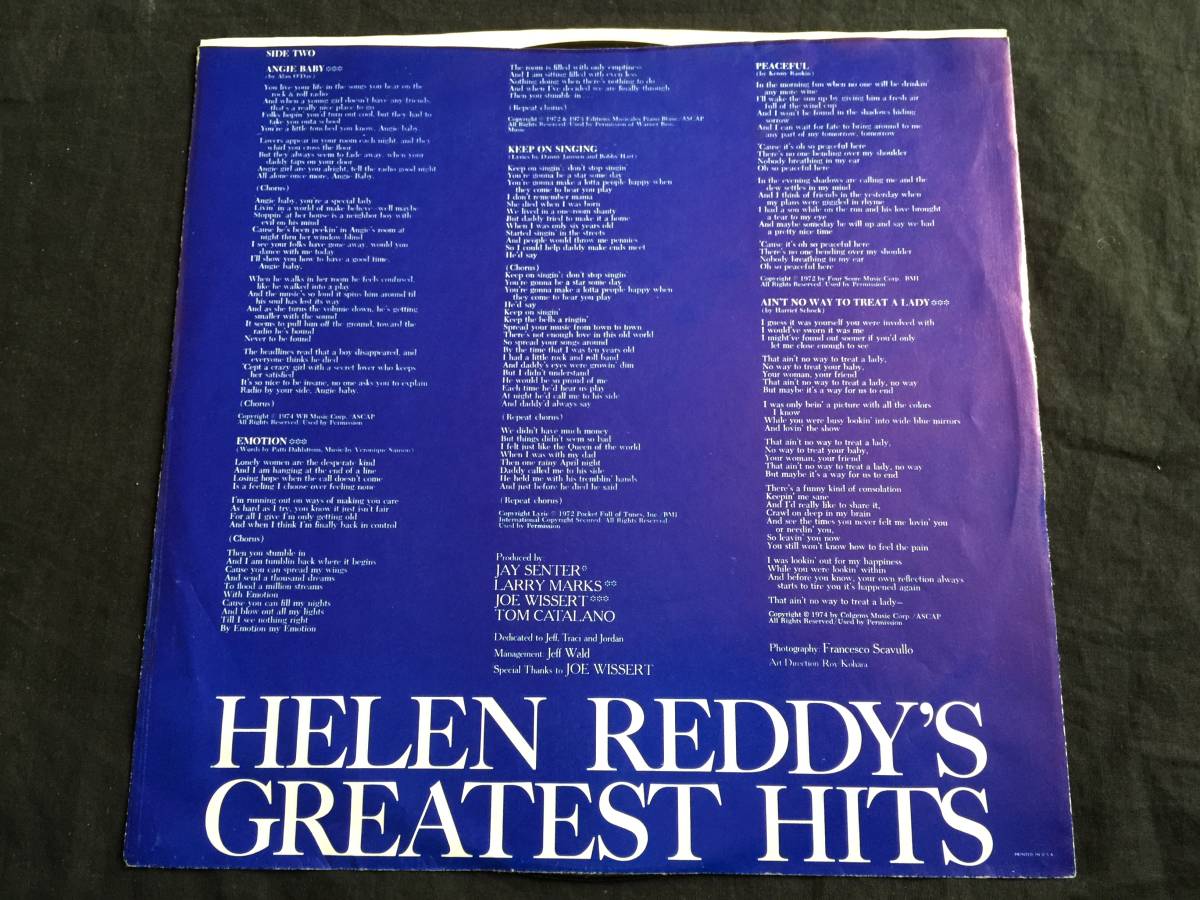 ★Helen Reddy's Greatest Hits US盤LP ★Qsjn6★ 　 概ね美盤_画像3