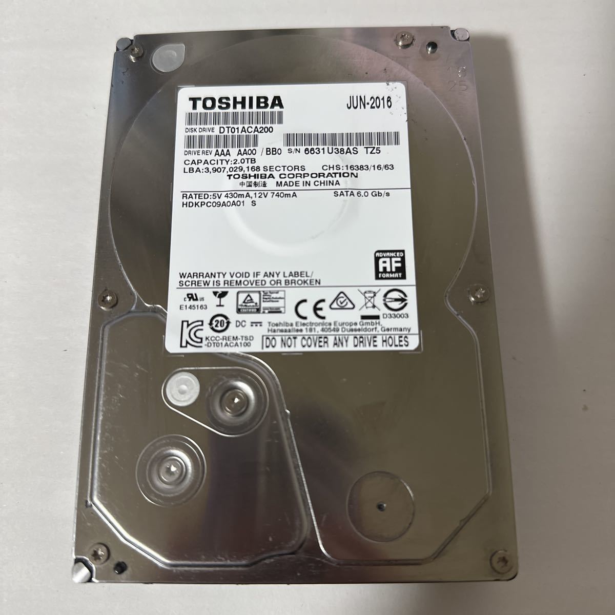 X283:【動作保証/使用0時間/AVコマンド対応】TOSHIBA 2TB HDD DT01ACA200 3.5インチHDD SATA_画像1