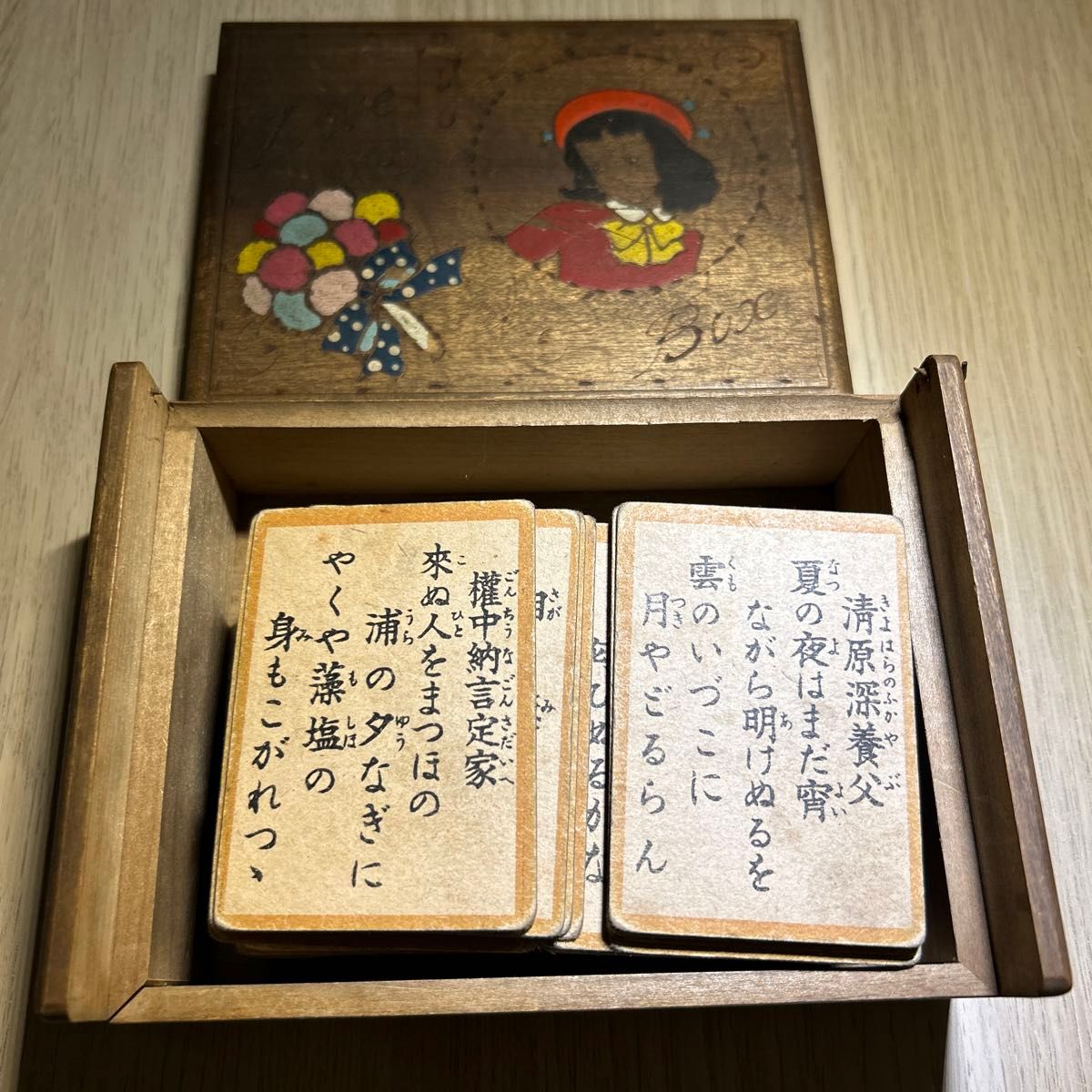 【1950年購入、アンティーク、レトロ】小倉百人一首、木札、木箱、読札レア木箱入り