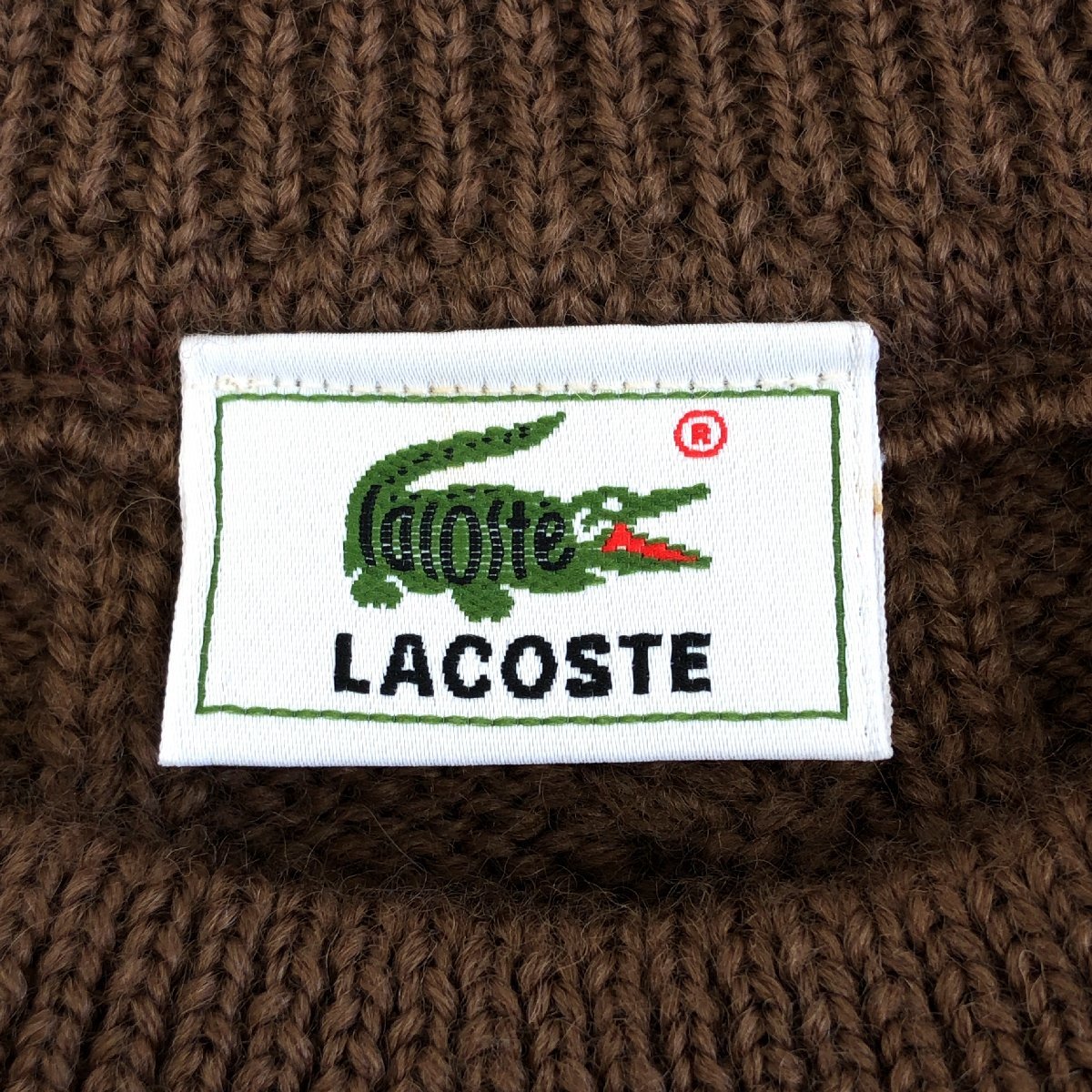 ●80～90's LACOSTE ラコステ ロゴ刺繍 ウール ケーブルニット セーター 5(L相当) ブラウン 古着 ヴィンテージ 大沢商会 国内正規品 メンズ_画像3