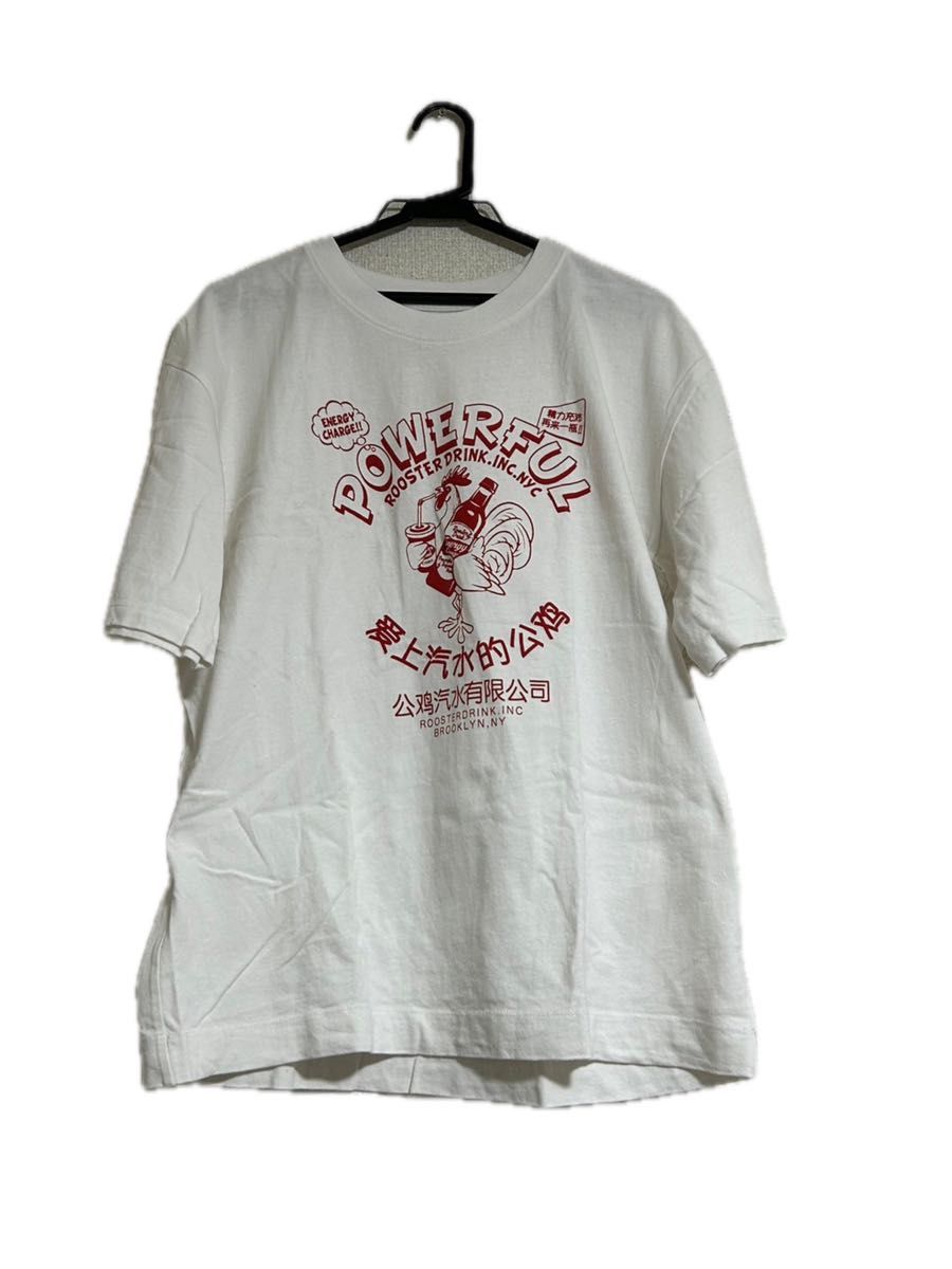 Tシャツ ホワイト 白 ロゴ プリント 半袖 古着 浮き文字 ビッグ 中国語 チキン オーバーサイズ ユニセックス ヴィンテージ
