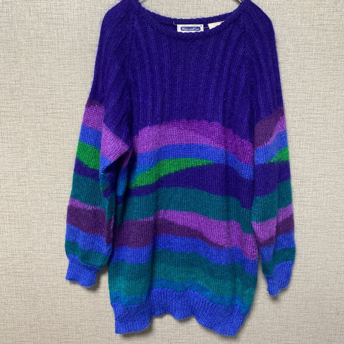 80s 90smo волосы mohair шерсть вязаный свитер USA Vintage Vintage America б/у одежда дизайн многоцветный окантовка длина волос длина .