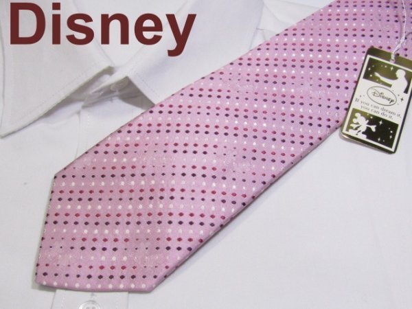 【ディズニー ミッキー】B 718 ディズニー ネクタイ DisneyDisneyピンク色系 ドット柄ジャガード 隠しミッキーとミニー絵柄 未使用タグ付き_画像1