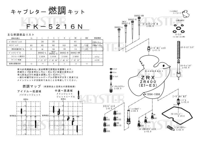 ■ FK-5216N　ZRX400 1994-1996 E1-E3　キャブレター リペアキット　キースター　燃調キット_画像3