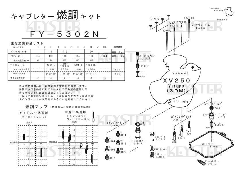 ■ FY-5302N ビラーゴ250 3DM 1988-1996　キャブレター リペアキット　キースター　燃調キット6_画像3